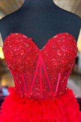 Red Sweetheart Sequins Top Multi-Layers Prom Dress