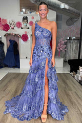 One Shoulder Pink Corset Sequin Tiered Long Formal Dress