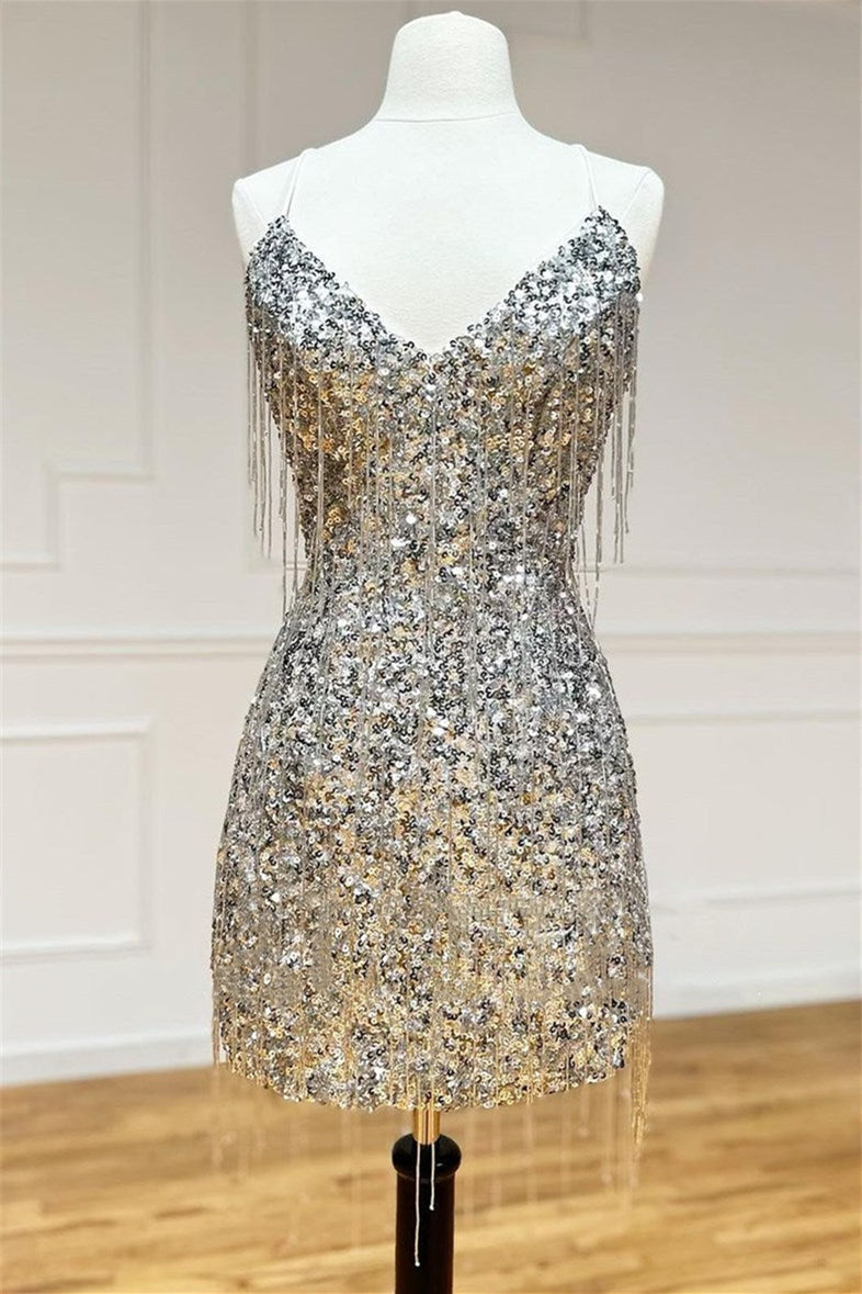 Silver V Neck Lace-Up Sequins Tight Homecoming Dress with Tassels