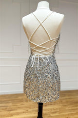 Silver V Neck Lace-Up Sequins Tight Homecoming Dress with Tassels