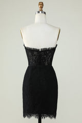 Strapless Black Ruffles Lace Tight Homecoming Dress with Rhinestones