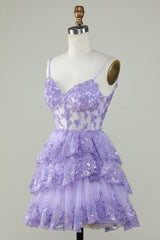 Straps Lavender Sequins Corset Layered Homecoming Dress