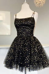 Straps Pink A-Line Tulle Homecoming Dress with Gold Stars