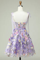 Tie Straps Lavender Embroidery Floral Short Party Dress