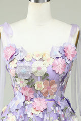 Tie Straps Lavender Embroidery Floral Short Party Dress