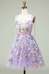 Tie Straps Lavender Embroidery Floral Short Party Dress