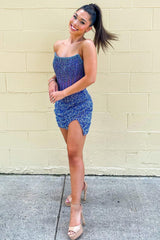 Strapless Periwinkle Beaded Bodycon Homecoming Dress