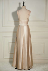 Cowl Neck Champagne A-Line Long Bridesmaid Dress with Slit