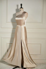 A-Line One Shoulder Champagne Slit Long Bridesmaid Dress