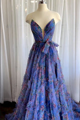 Princess Hot Pink V-Neck Floral Tulle Long Prom Dress with Slit