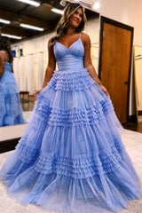 Straps Black V-Neck Pleated Tiered Long Prom Dress