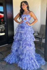 Straps Blue Floral Print Keyhole Ruffle A-line Long Prom Dress