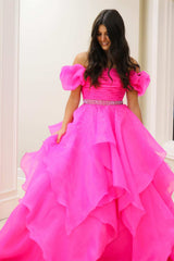 Off the Shoulder Red Balloon Sleeves Ruffle Layered Prom Dress