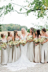 Off the Shoulder Dark Green Long Bridesmaid Dress with Slit