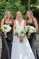 Elegant Square Neck Black Long Bridesmaid Dress