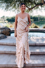 Straps Champagne Ruffle Maxi Bridesmaid Dress