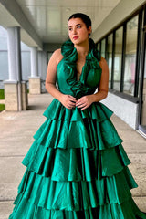 Halter Red Ruffle Tiered A-Line Prom Dress