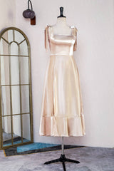 Tie Shoulder Champagne Slit Midi Bridesmaid Dress