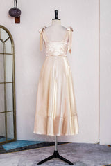 Tie Shoulder Champagne Slit Midi Bridesmaid Dress