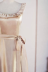 Champagne Square Neck Ruffle Midi Bridesmaid Dress