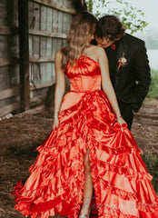 Red Halter Ruffle Tiered Chiffon Prom Dress with Slit