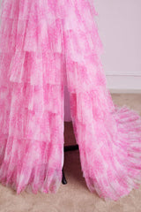 V-Neck Pink Floral Print Bow Tie Straps Ruffle Prom Dress