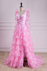 V-Neck Pink Floral Print Bow Tie Straps Ruffle Prom Dress