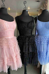 Square Neck Straps Pink A-Line Ruffle Dress