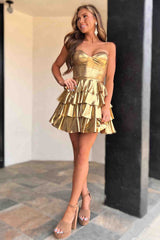 Sweetheart Gold Metallic A-Line Ruffle Homecoming Dress