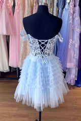 Light Blue Off-the-Shoulder Corset Tiered Short Homecoming Dress