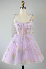 Tie Straps Blue Floral Embroidery Short Party Dress