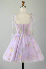 Tie Straps Blue Floral Embroidery Short Party Dress