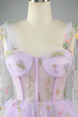 Tie Straps Blue Floral Embroidery Short Party Dress