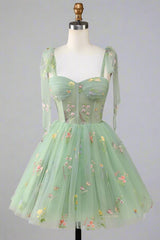 Tie Straps Blue Floral Embroidery Short Party Dress