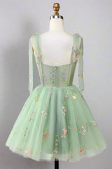 Tie Straps Blue Floral Embroidery Short Party Dress