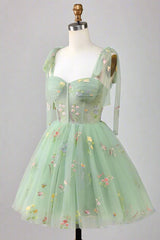 Tie Straps Blue Floral Embroidery Short Party Dress