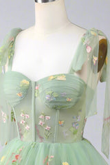 Tie Straps Blue Floral Embroidery Short Party Dress