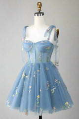 Tie Straps Blue Floral Embroidery Short Party Dress