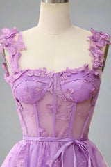 Square Neck Lilac Butterfly Appliques Short Homecoming Dress
