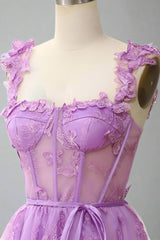 Square Neck Lilac Butterfly Appliques Short Homecoming Dress