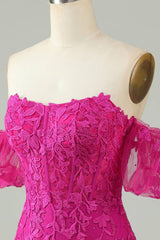 Off-Shoulder Fuchsia Appliques Bodycon Homecoming Dress