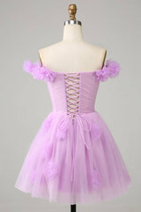 Off the Shoulder Lilac 3D Floral Short Party Dress