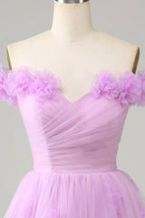 Off the Shoulder Lilac 3D Floral Short Party Dress