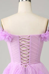 Off the Shoulder Lilac 3D Floral Short Party Dress