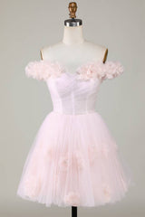 Off the Shoulder Lilac 3D Floral Short Party Dress