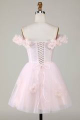Off the Shoulder Lilac 3D Floral Short Party Dress