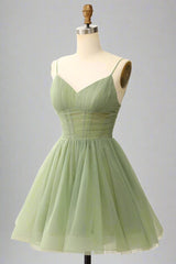 A-Line V-Neck Sage Green Pleated Short Homecoming Dress