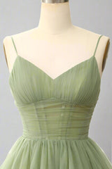 A-Line V-Neck Sage Green Pleated Short Homecoming Dress