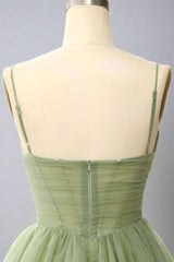 A-Line V-Neck Sage Green Pleated Short Homecoming Dress
