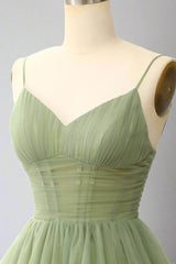 A-Line V-Neck Sage Green Pleated Short Homecoming Dress
